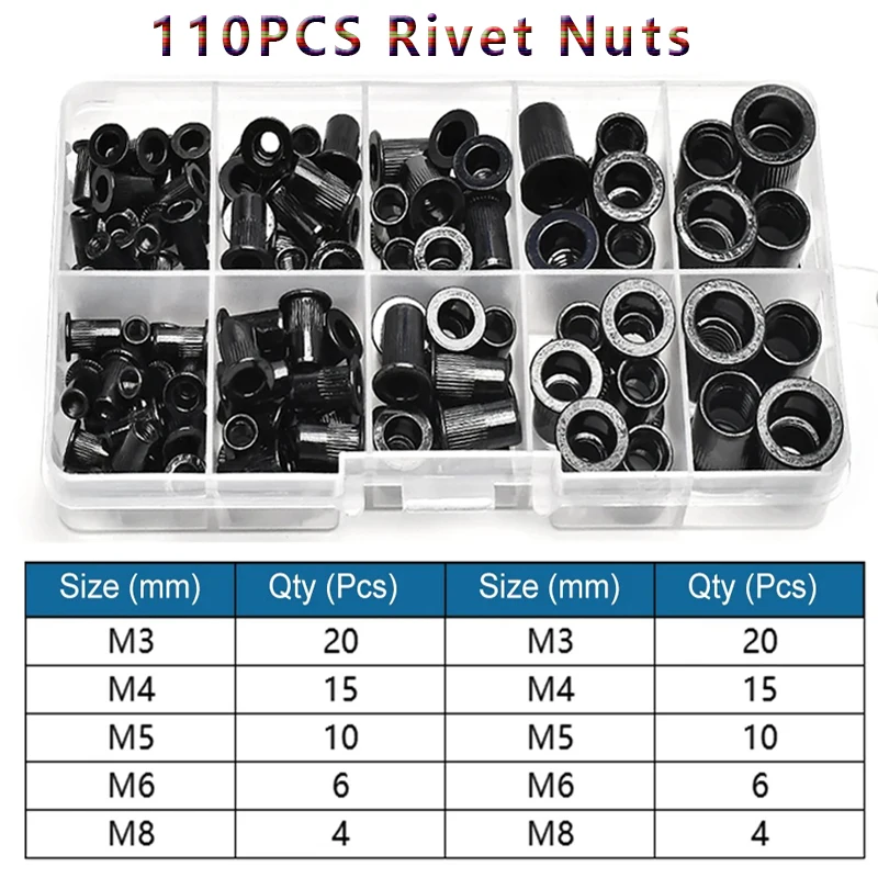 Threaded Insert Nuts 110pcs M3 M4 M5 M6 M8 Flat Head Rivnut Black Zinc Plated Carbon Steel Knurled Rivet Nut