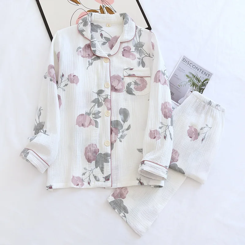 2024 Women Cotton Gauze Pajamas Long Sleeve Spring Pajama Set Purple Rose Print Sleepwear 2 Piece Casual Loose Soft Nightwear