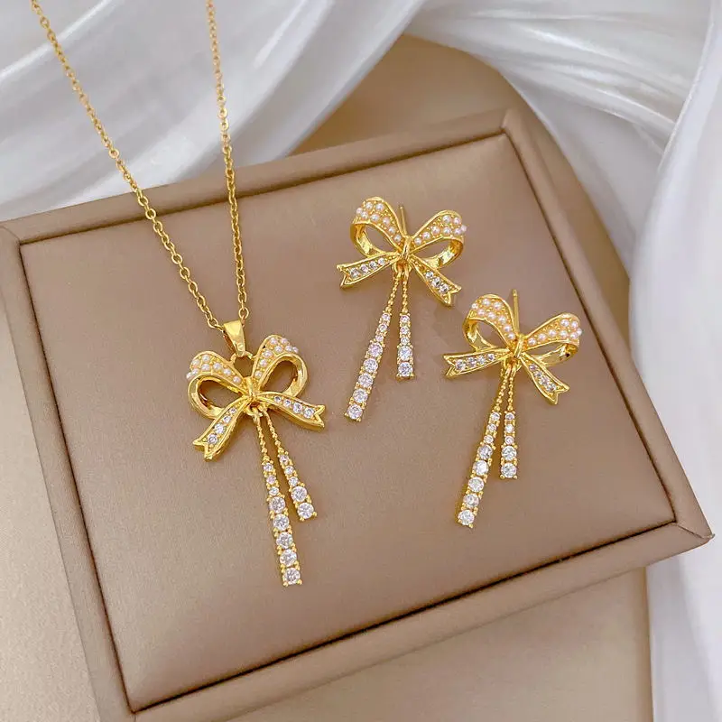 Classic Stainless Steel Micro-Inlaid Pearl Tassel Bow Necklace Earrings Fashion Girl Party Dinner Gorgeous Jewelry Set