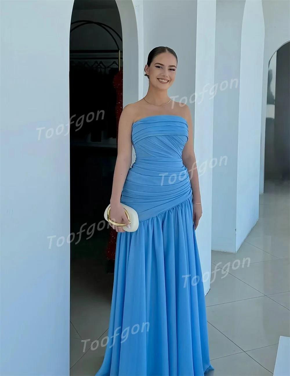 Toofgon Strapless Blue Chiffon Prom Dresses Long A Line Pleats Elegant Formal Occasion Dresses Dubaï De Soirées Customized