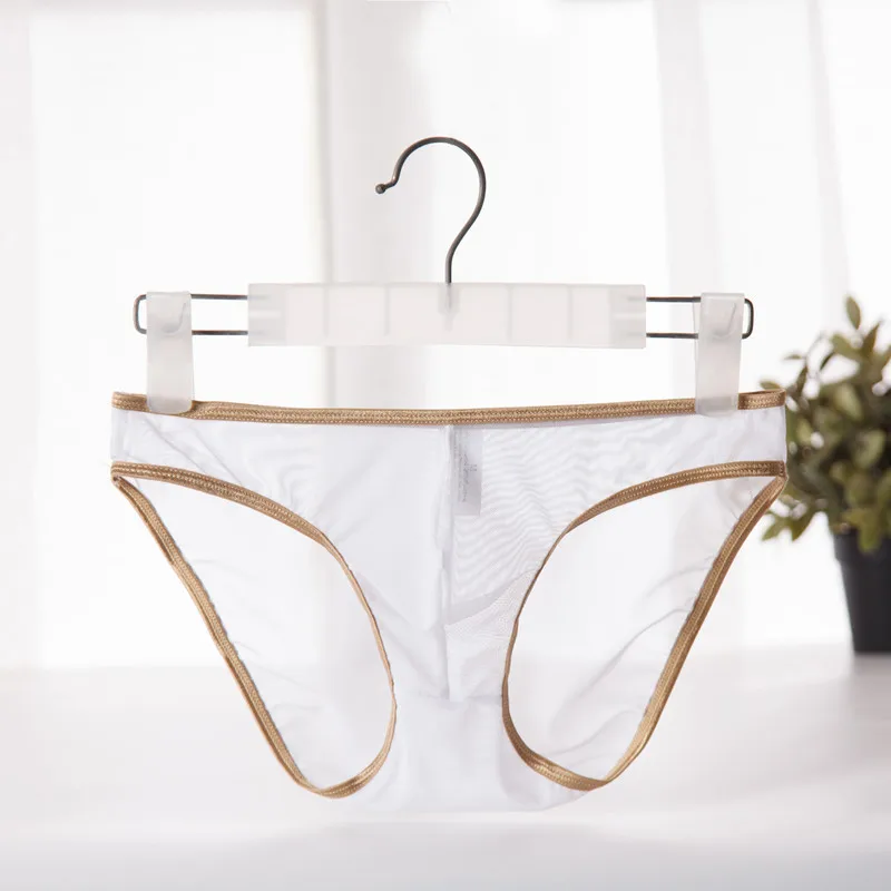 Men\'s Briefs Ultra-Thin Mesh Transparent Underwear Sexy Gold-Edge U Convex Pouch Lingerie Underpants Summer Quick-Drying Panties