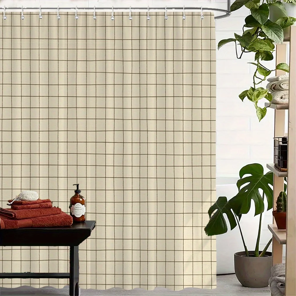 Waterproof Fabric Shower Curtain Beige and Brown Grid Pattern Modern Bathroom Decor Anti-Mold Bath Curtain Divider With Hooks