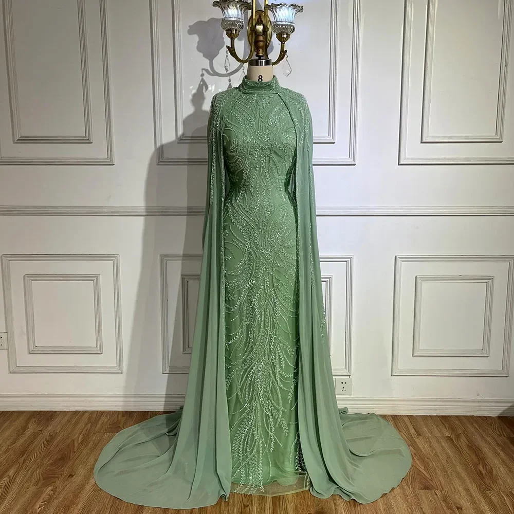 Serene Hill 2025 muslim Sage Green Mermaid Cape Sleeves Beaded Satin Luxury Evening Dresses Gowns Customize Party BLA72413