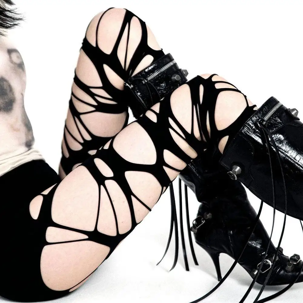 ถุงน่องผ้าไหมสำหรับผู้หญิงถุงน่องสีดำบางสไตล์พังก์โกธิคต่อต้านตกข่ายสำหรับตกปลา Y2K ปาร์ตี้รสเผ็ด