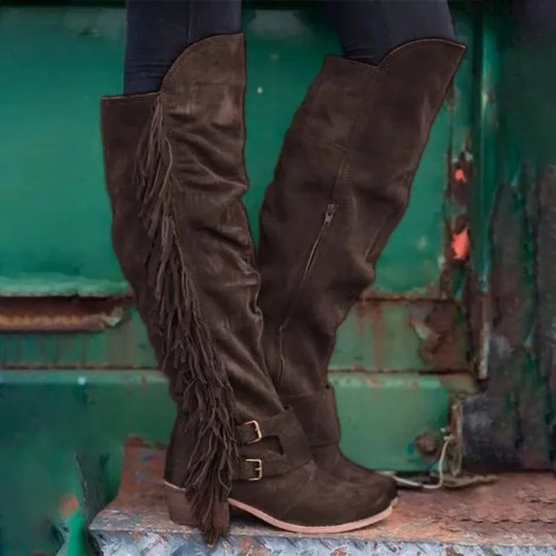 Botas Retro de invierno con punta redonda y cremallera para mujer, botas largas marrones con borlas y tacón grueso, zapatos de Cosplay para fiesta de disfraces de Halloween 2025