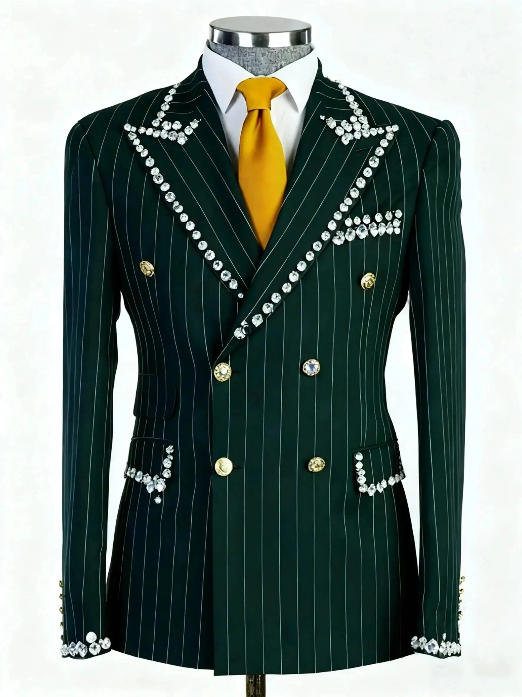 Latest Green Stripe Men 2 Piece Suits With Crystal Beading Double Breasted Tuxedo Wedding Groom Prom Customized Jacket Pants