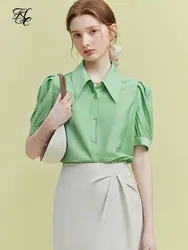 FSLE French Pointed Neck Short Sleeved Shirt For Women 2023 Summer New Bubble Sleeved Slimming Tops For Women Blue Green Shirts