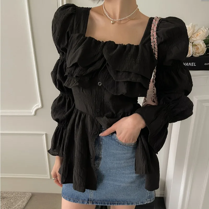 Square Collar Ruffles Woman Shirts & Blouses Flare Long Sleeve Blusas Mujer 2024 Ropa Korean Camisas Temperament Blusa