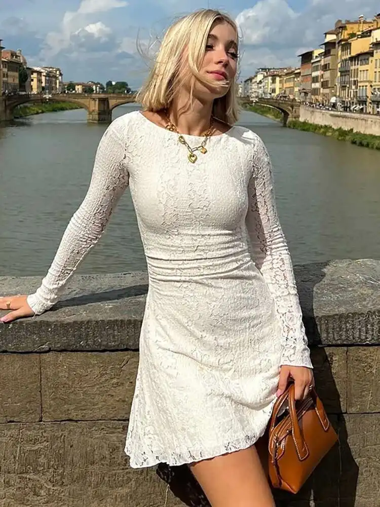 BabYoung Abito sexy trasparente a doppio strato in pizzo da donna bianco a maniche lunghe con scollo tondo Abito autunnale sottile ed elegante per le vacanze