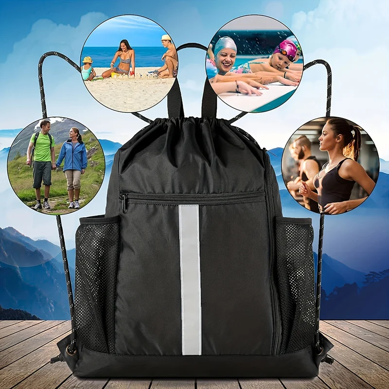 Black Foldable Drawstring Gym Bag, Lightweight Sports Duffel for Basketball Football Training Travel, 1-Pack