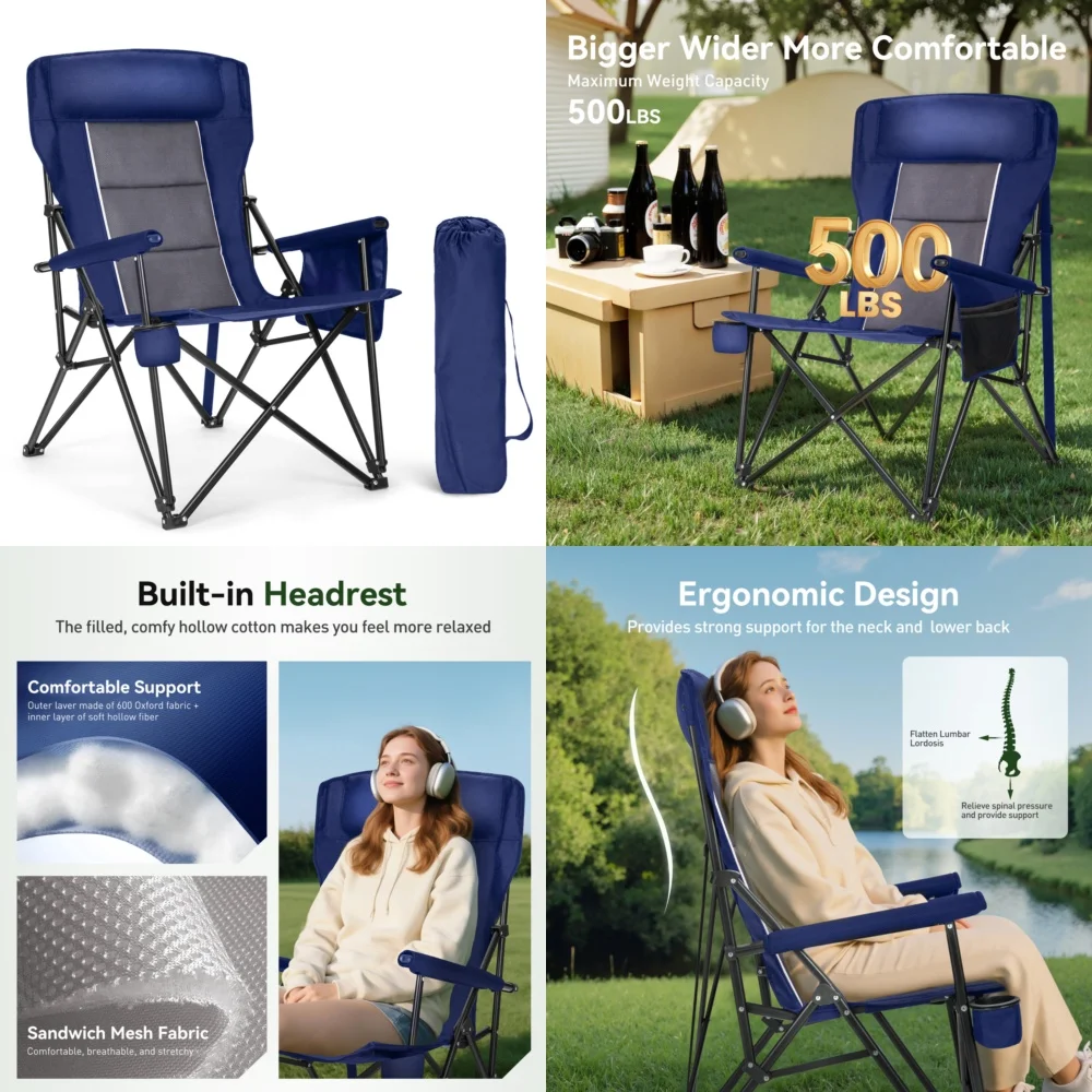 

camping chairOversized Camping Chair High Back Portable Heavy Duty Outdoor Chair for Adults with 500LBS Capacity Blue