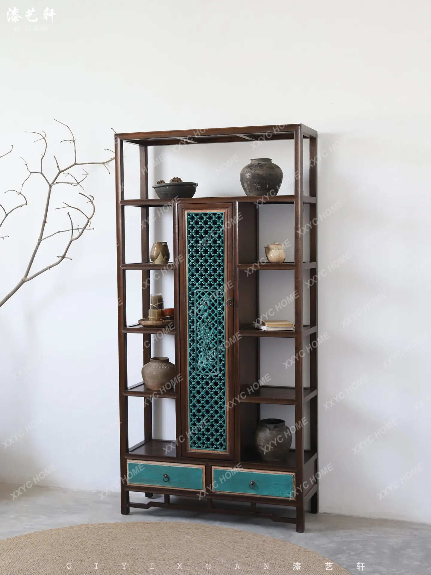New Chinese-style all-solid wood Bogu shelf study shelf combination hollow floor display cabinet