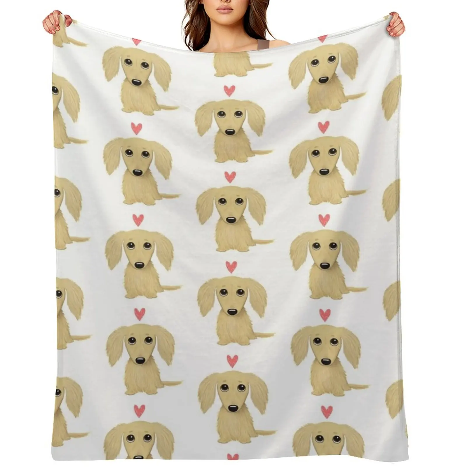 

Longhaired Cream Dachshund Cartoon Dog with Heart Throw Blanket For Sofa Thin Hair Camping Blankets