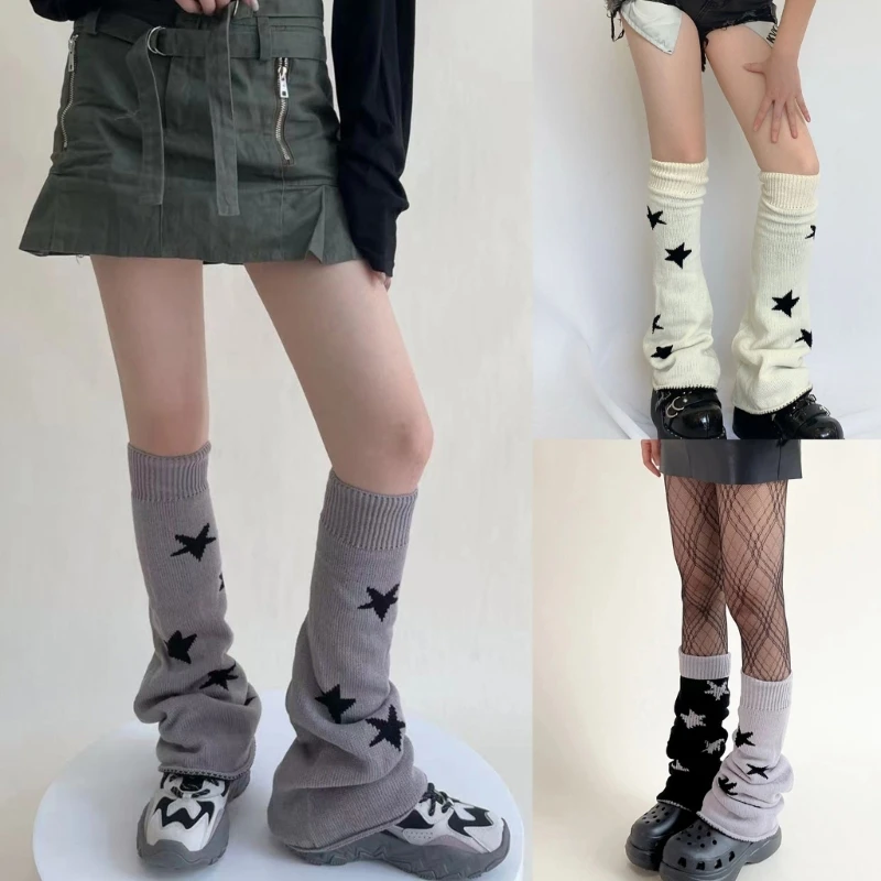 Harajuku Women Knitted Leg Warmer Gothic Punk Reversible Star Jacquard Knee High Flared Foot Cover Socks Streetwear