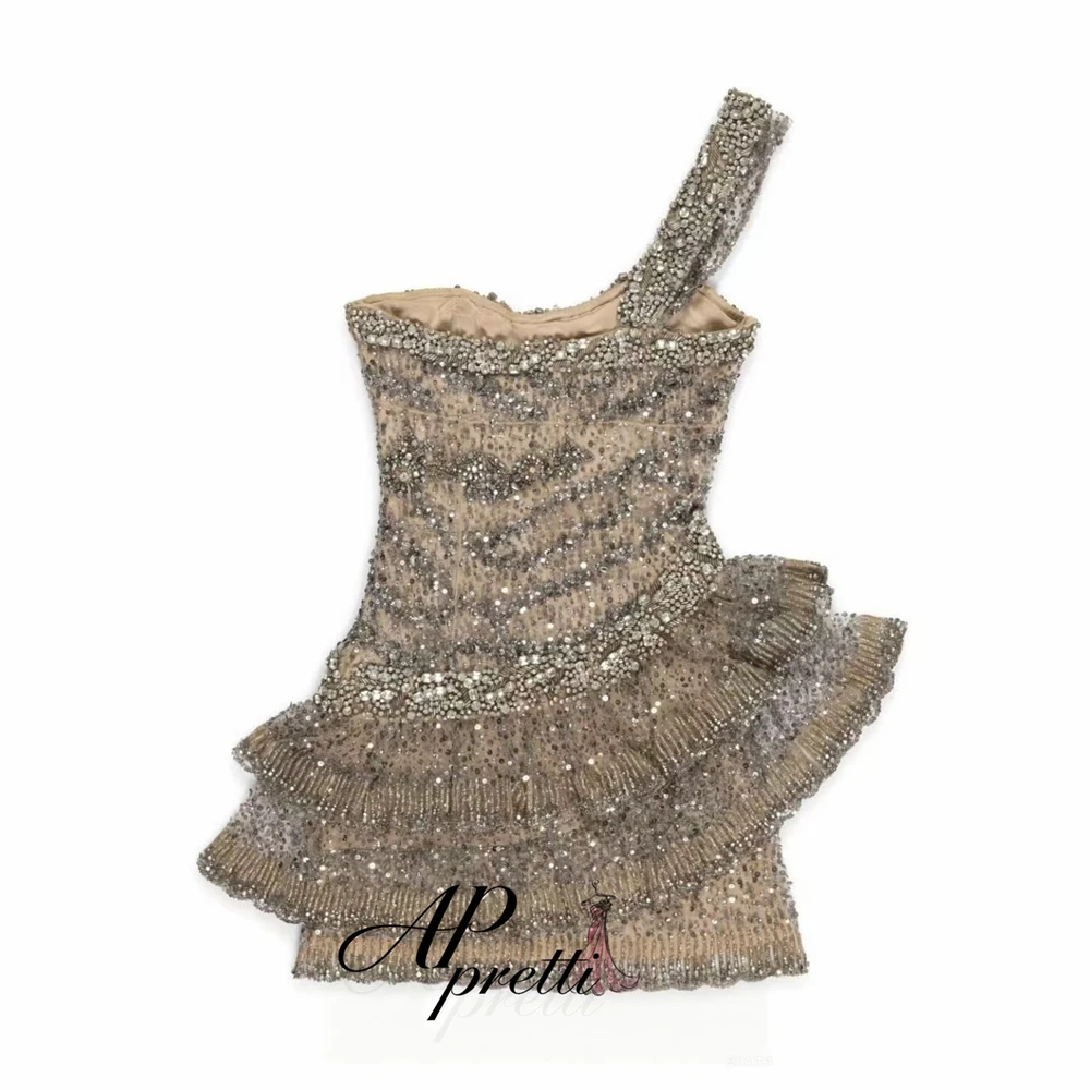 AP pretti Elegant One Shoulder Beaded Rhinestone Evening Dress Customized Sexy Tiered Ruffle Hem Mini Cocktail Prom Party Gown
