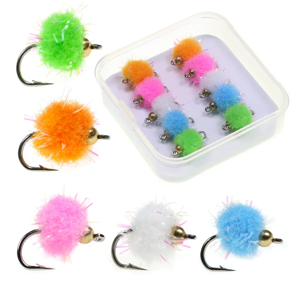 10 piezas/caja # 12 señuelos de pesca Glo Bug con cabeza de latón y forma de huevo de salmón, de hundimiento rápido, para trucha, salmón, pescada y perruche.