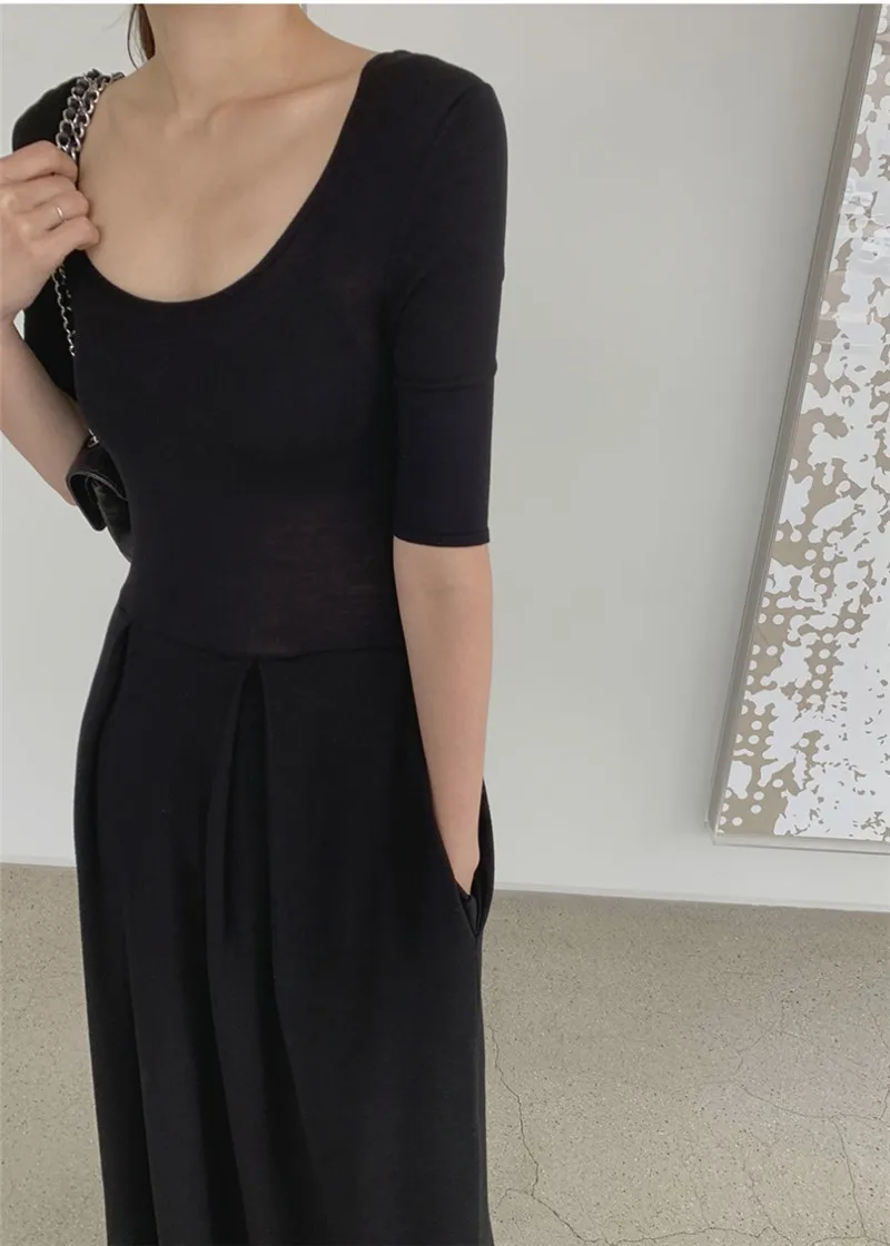 2025 Letnie eleganckie sukienki z dekoltem Y2k Wąska talia Dzianinowa sukienka dla kobiet Czarny Długi rękaw Średniej długości Vestidos De Mujer