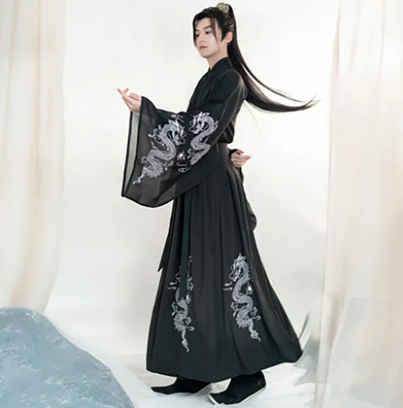 

Ancient Chinese Hanfu for Men Summer 2023 Black Shirt Skirt Belt Dragon Printing Costumes Stage Outfit Plus Size 3PCS Full Suits