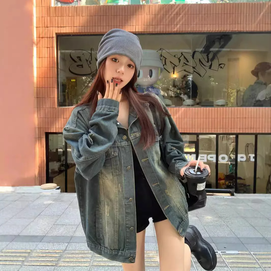 Denim Coat Women Jackets Vintage Single Breasted Turn Down Collar Pockets Washed Distressed Outerwear Streetwear Autumn