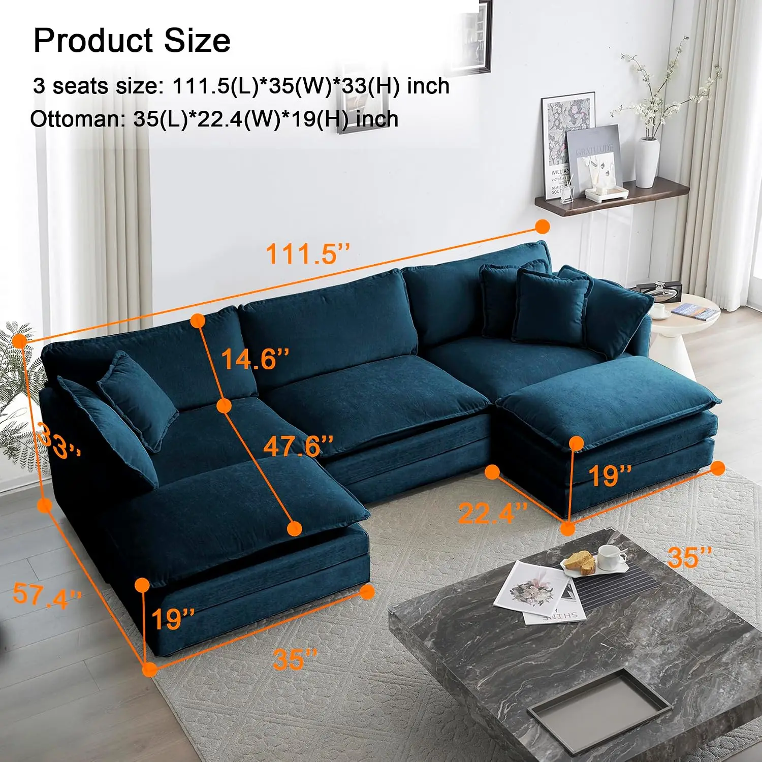 Modular U Shaped Sectional Sofa, 5 Seater Comfy Cloud With Movable Ottoman For Living Room, 111.5