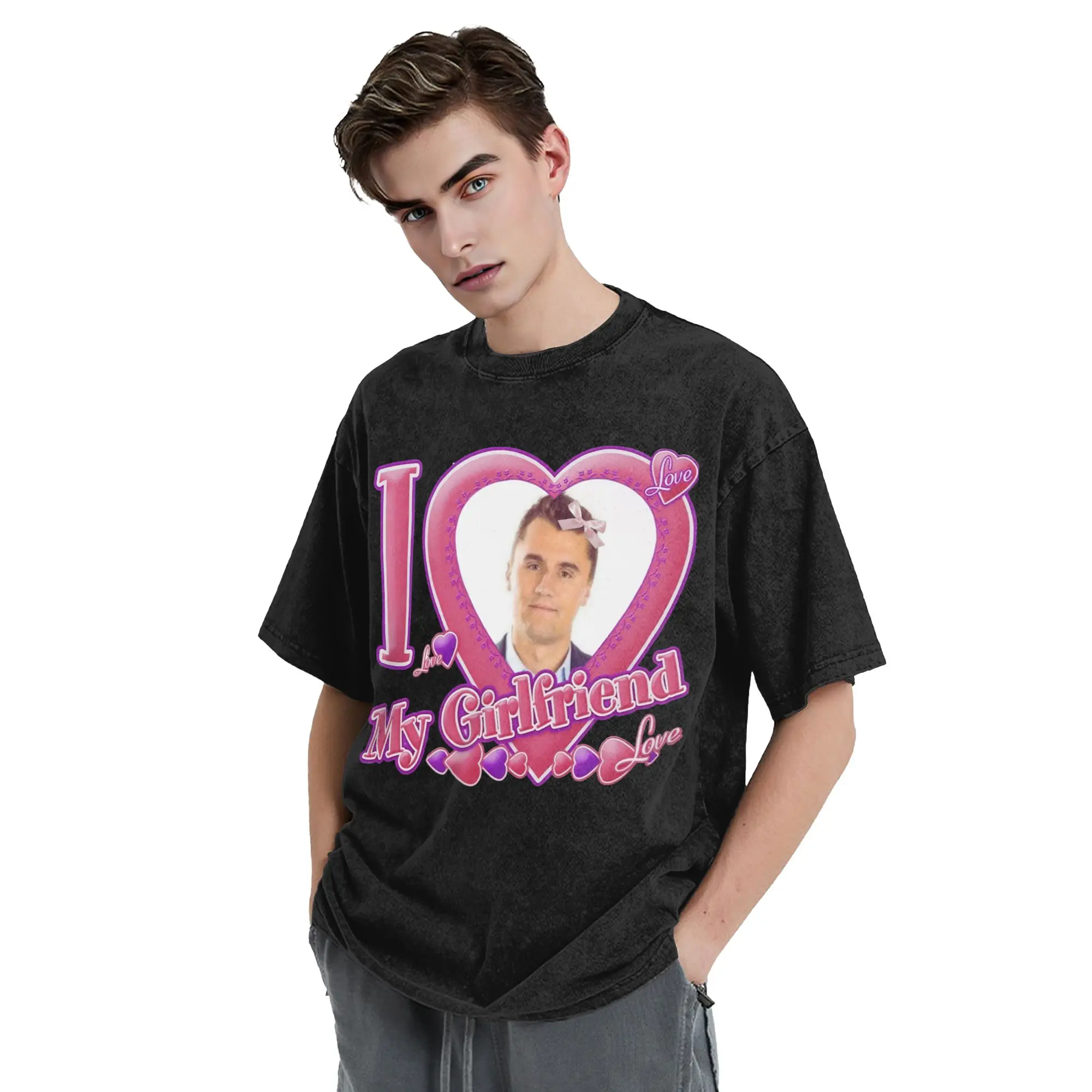 I Love My Girlfriend Charlie Kirk Washed T Shirts Streetwear  Vintage T-Shirts  Tees for Men Women 100% Cotton Oversize Graphic