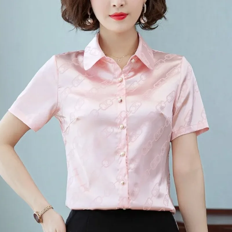 

Summer Short Sleeve Women's Solid Color Geometric Printing Button Turn-down Collar Shirt Cardigan Minimalist Flattering Tops
