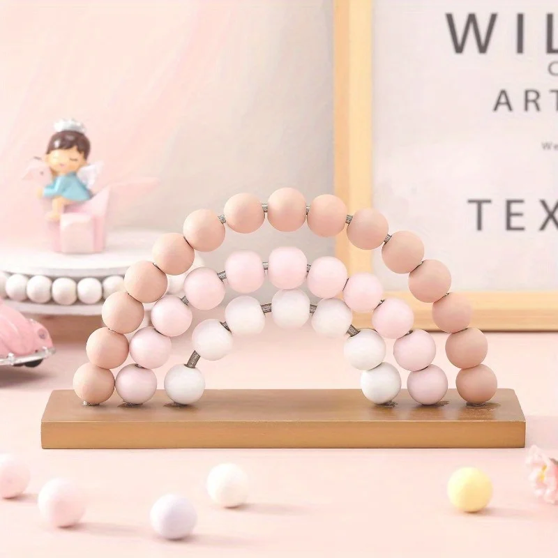 Rainbow Girl 3D Baby Room Decor Pink Wooden Beaded Wall Art Standalone Bohemian Nursery Playroom Bedroom Decor for Toddlers