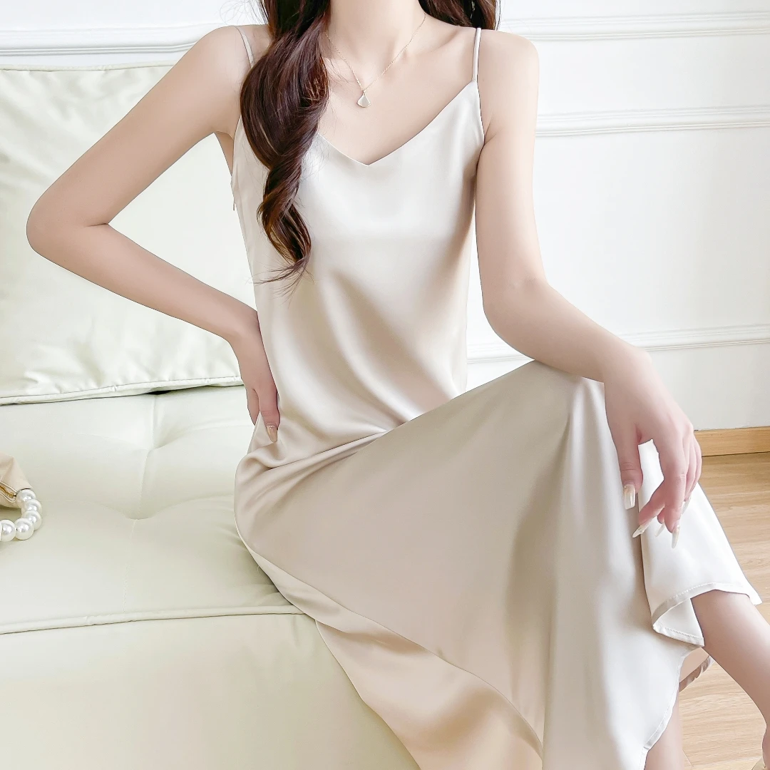 

Acetate silk suspender dress women's summer new high-end temperament slim and thin French v-neck satin dress
