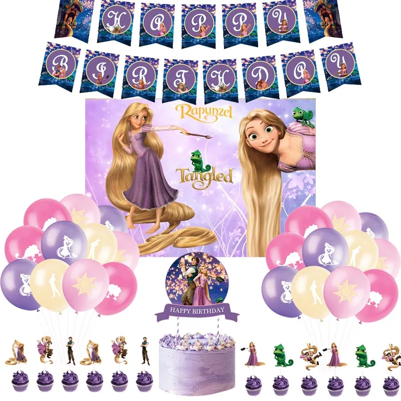 Disney Rapunzel Happy Birthday Party Supplies Latex Balloon Banner Decoration Cupcake Topper Girl Toy Baby Shower Wedding Decor