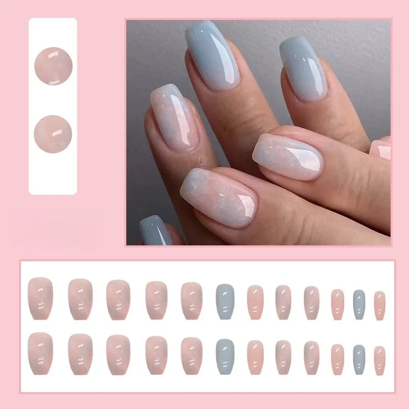 24Ps/Set Sweet Girl Ins Style Fake Nails Aurora Glitter Acrylic Press on Nail Oval Round Head Removable Wearing False Nails Tips