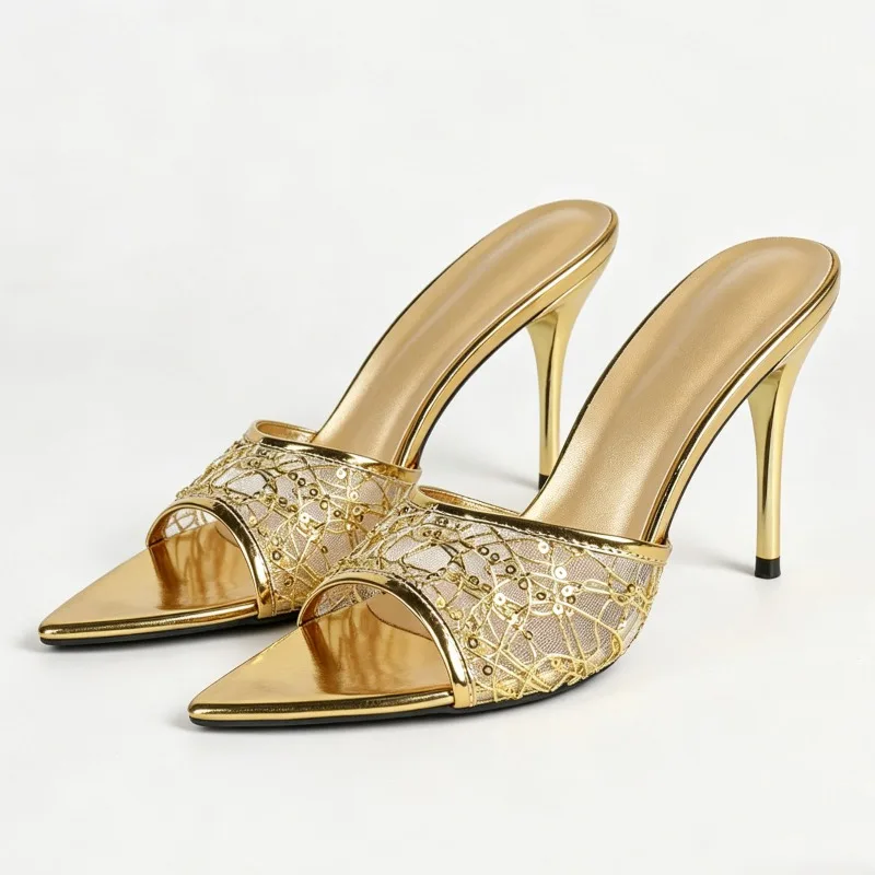 

Gold Patterned Mesh High Heels Sandals Women Summer Sexy Pointed Open Toe Heeled Slippers Fashion Banquet Dress Stiletto Sandals