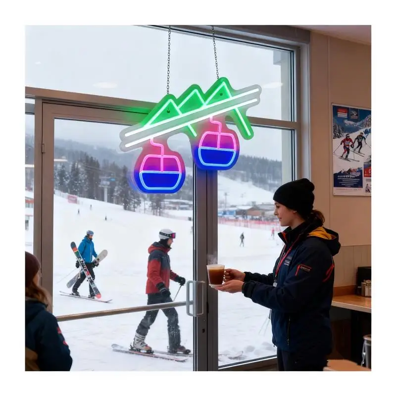 Ski Lift Neon Sign, Mountain Ski Resort Wall Art Decor, Attractions Winter Holiday Lamps USB Powered 38cm35cm