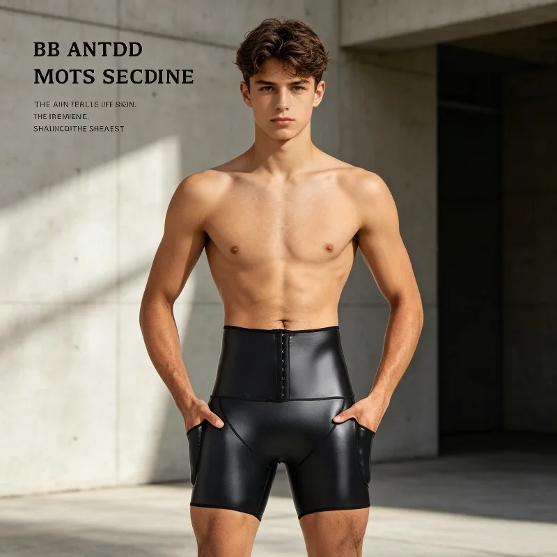 Men's Elastic Leather Slim Shorts with High Waist and Abdominal Support Tight Pants for Office and Gym Shaping