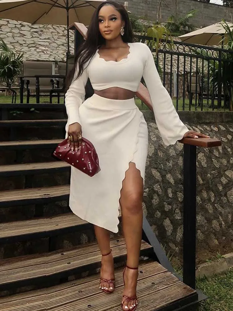 Summer 2 Piece Outfits Woman Square Collar Long Sleeve Top Slimming and Slit Dress Chic Elegant Women Sets Skirt Beige