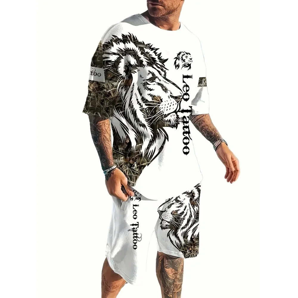 Men's Lion Printed Short Sleeve With Shorts Set Breathable Summer Crew Neck T-Shirt Streetwear Two-Piece Sets Men's Clothing