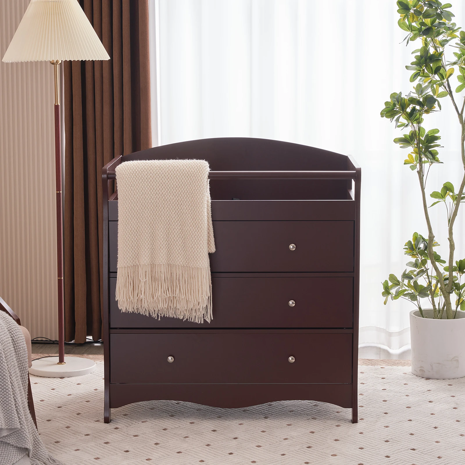 90*58*99cm Three Drawers With Seat Belt Baby Wooden Bed Nursing Table Brown