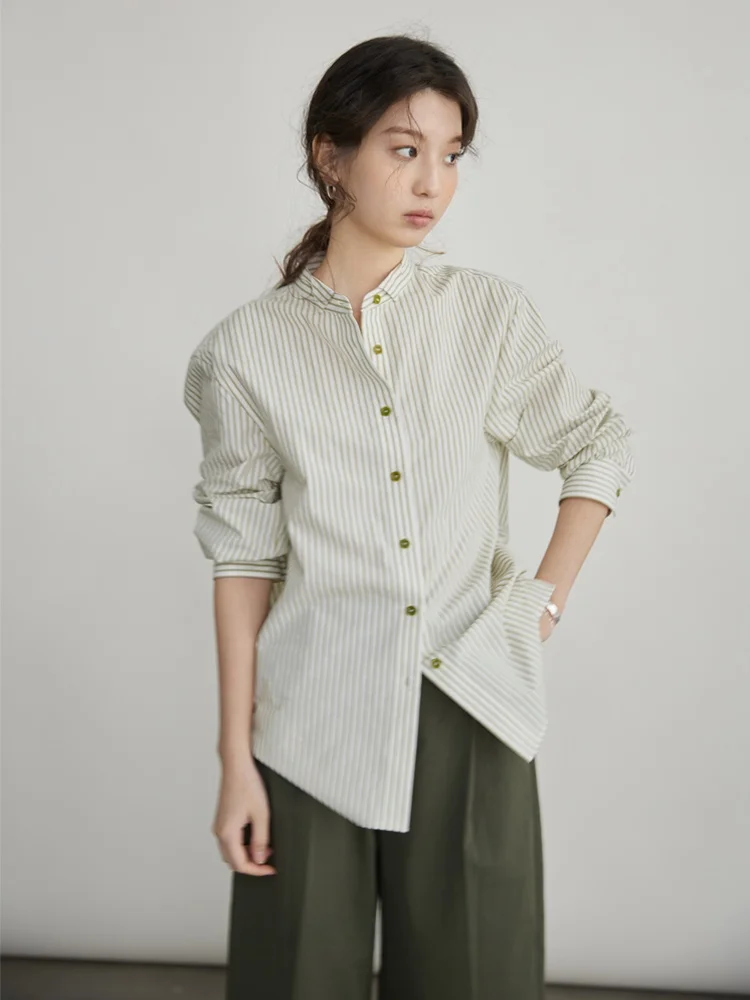 

Весна 2025: Женская рубашка Nomumad из хлопка и льна с эффектом солевого оттенения, в полоску, с воротником-стойкой, повседневная, свободного кроя, с длинным рукавом