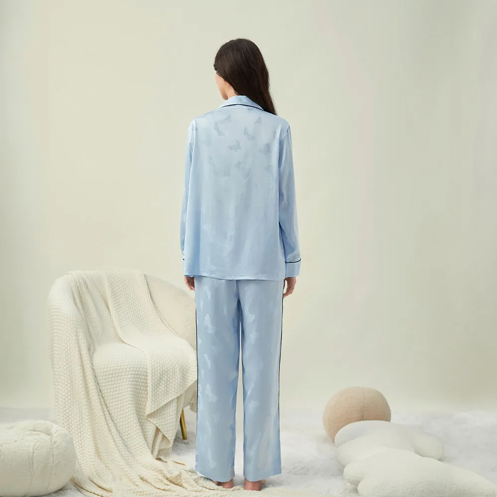 Blue Butterfly Print Pajama Set Women's Winter Cardigan Long Sleeve Pants Silk Satin Home Clothes Two-piece Set Free Shipping