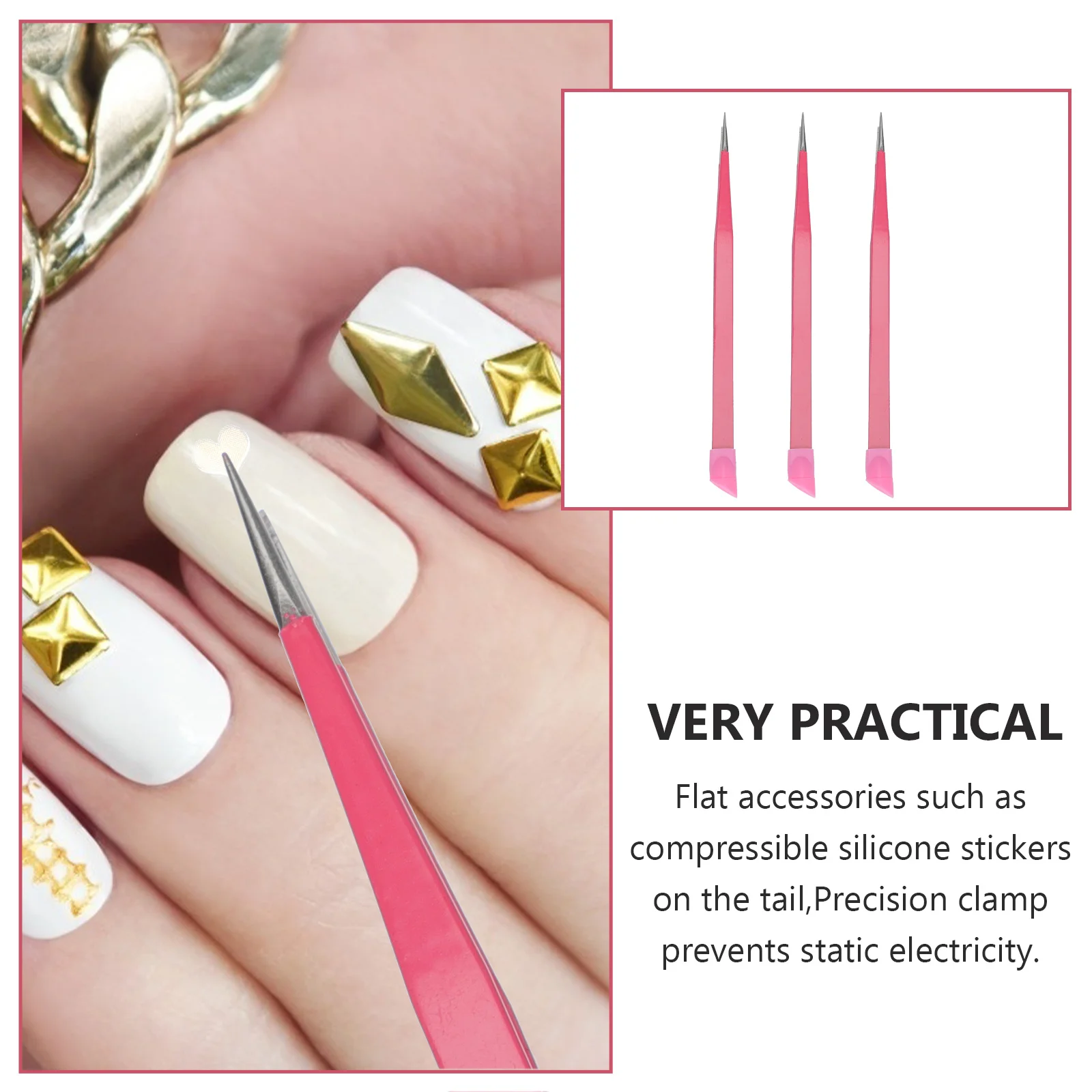 

3Pcs Premium Manicure Tweezers Two Headed Nail Art DIY Tool Stainless Steel Portable Pressing Rod Pink Craft Tweezers
