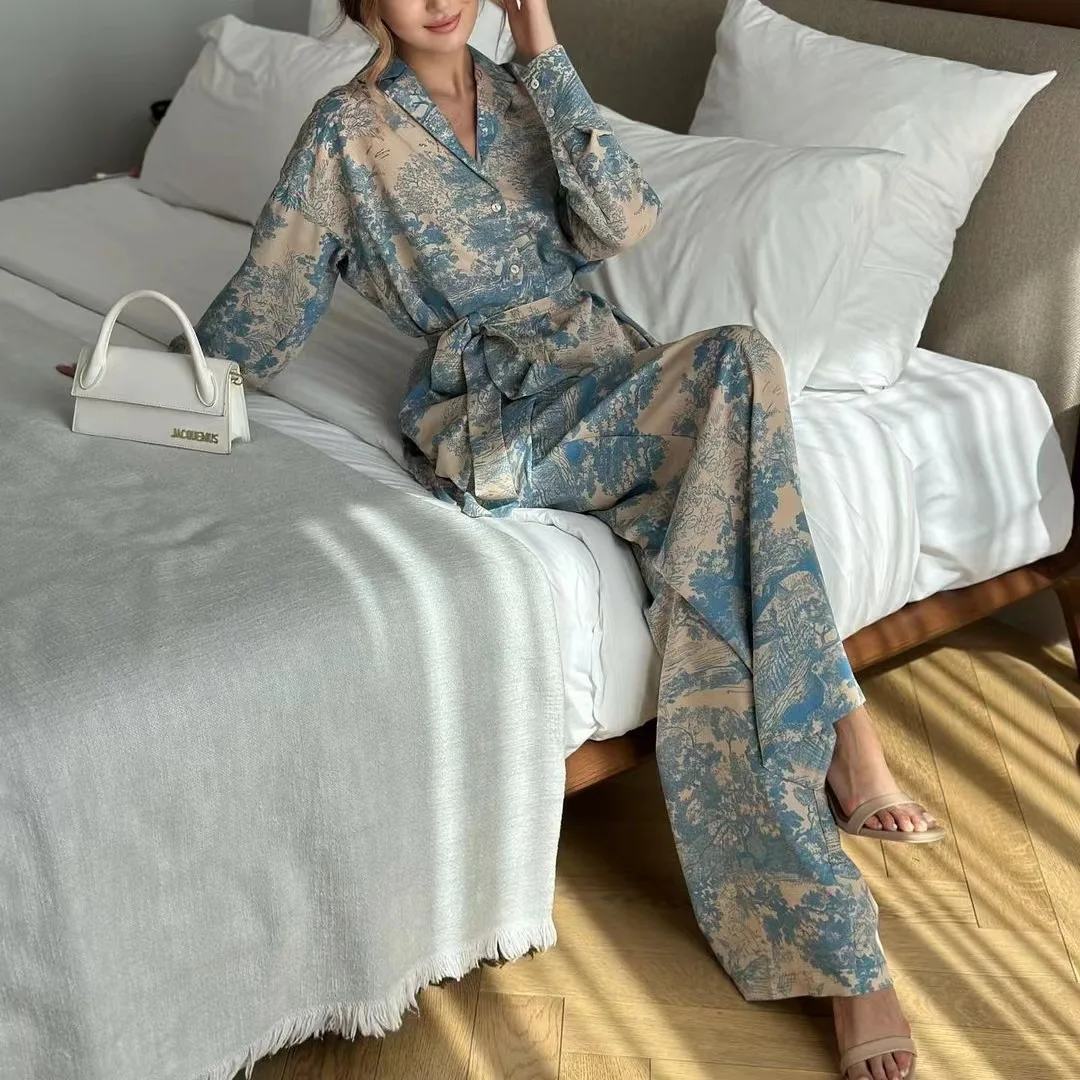 Set Celana Lebar Bermotif dengan Ikat Pinggang Faion Ensemble Bahan Poliester Koleksi Musim Panas 2023 Pakaian Premium Wanita
