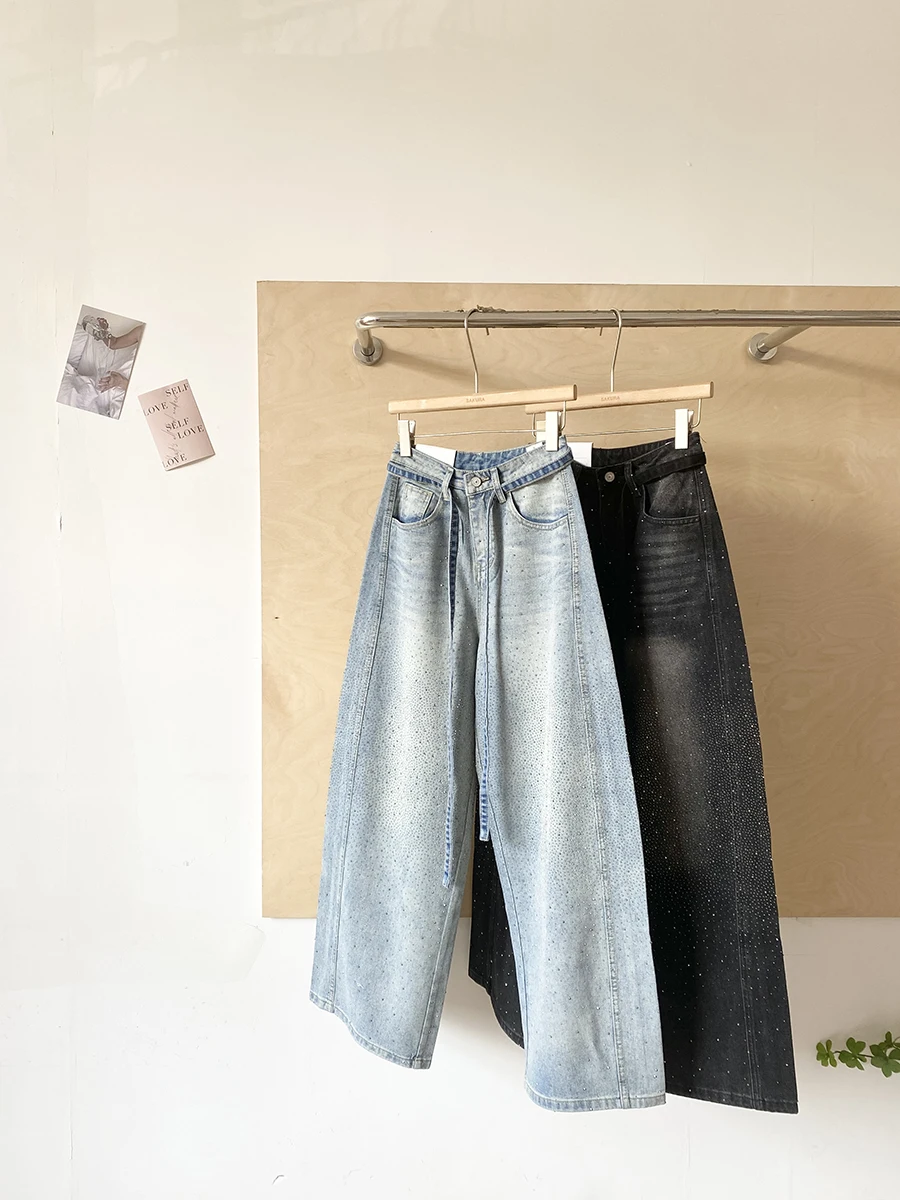 

Spring 2026 High Waist Glitter Rhinestone Denim Pants Women's Loose Wide Leg Jeans Stylish Heavy Embellishment Fashionable