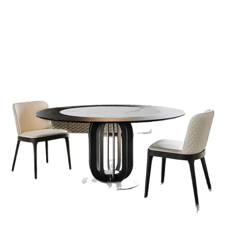 

Italian minimalist small apartment round slate dining table chairs Nordic home marble hotel dining room table with turntable