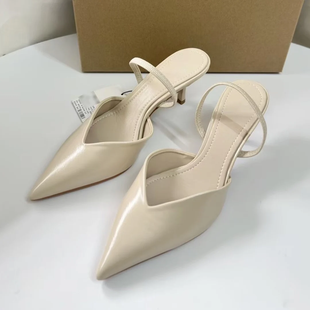 TRAF Frensh Style Stilettos Slingbacks Fashion Women's Point Head Mid Thin Heel Pumps Shoes Summer Beige Partent Leather Sandals