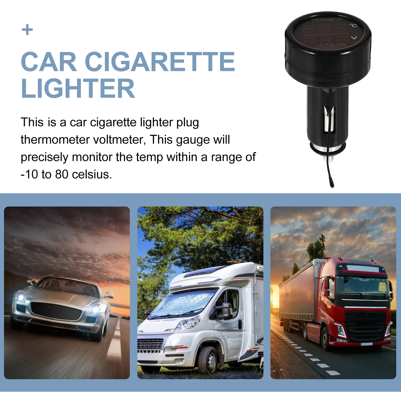 

2in1 Dual Color Voltmeter Thermometer Black Shell 40x75mm Car Cigarette Lighter Plug Temperature Gauge Car Thermometer Voltmeter
