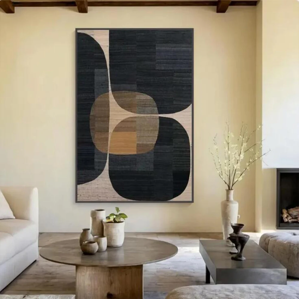 

100% Handmade Abstract Oil Painting Black Geometric Shape Wall Art Picture Thick Large Mural For Home Living Room Decor Image