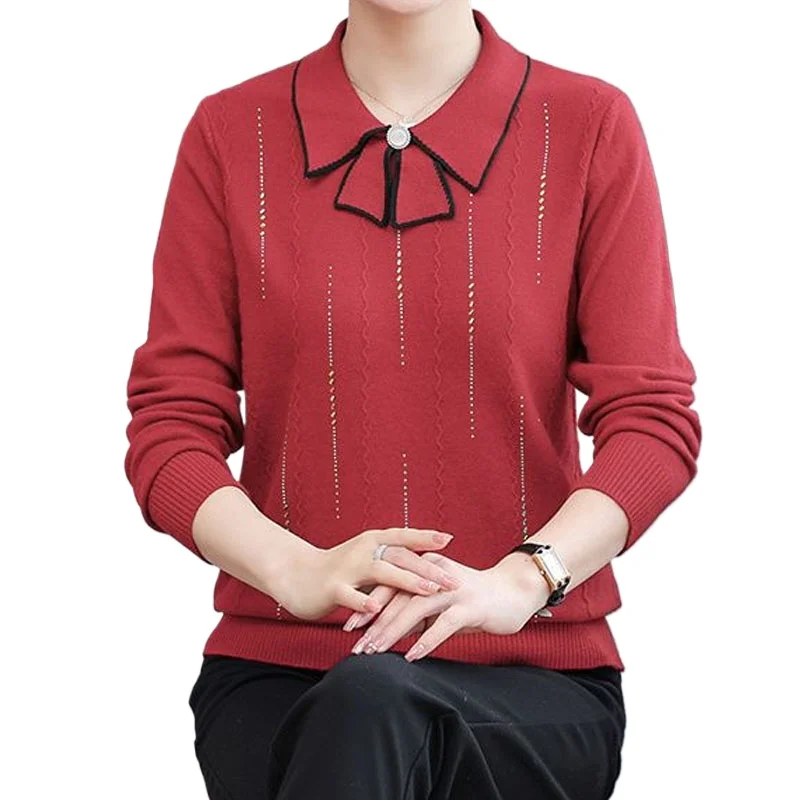 

Elegant Commute Polo-Neck Knit Pullovers Autumn Winter Loose Fashion Long Sleeve Diamonds Sweaters for Female Women's Clothing