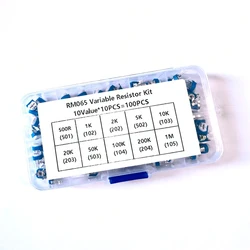 100 sztuk/pudło RM065 potencjometr rezystory zmienne zestaw 500 Ohm -1M Ohm potencjometr przycinarki regulowanych rezystorów zestaw 1K 10K 100K