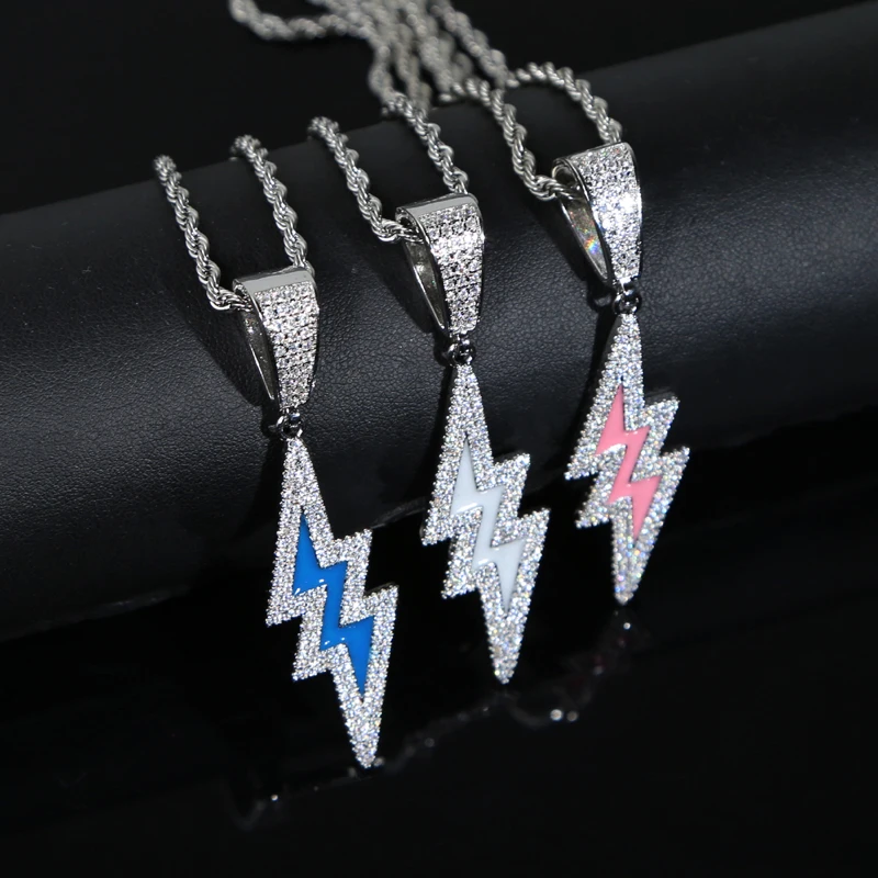 Glow in The Dark Lightning Pendant Necklace Micro Pave Sparking Cz Hip Hop Party Fashion Ice Out Bling Women Men Jewellery