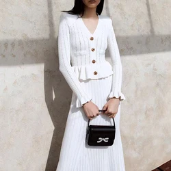 Spring And Summer New Fashionable Solid Color Knitted Elastic Button V-neck Long Sleeved Cardigan Slim Fit Fishtail Women's Suit