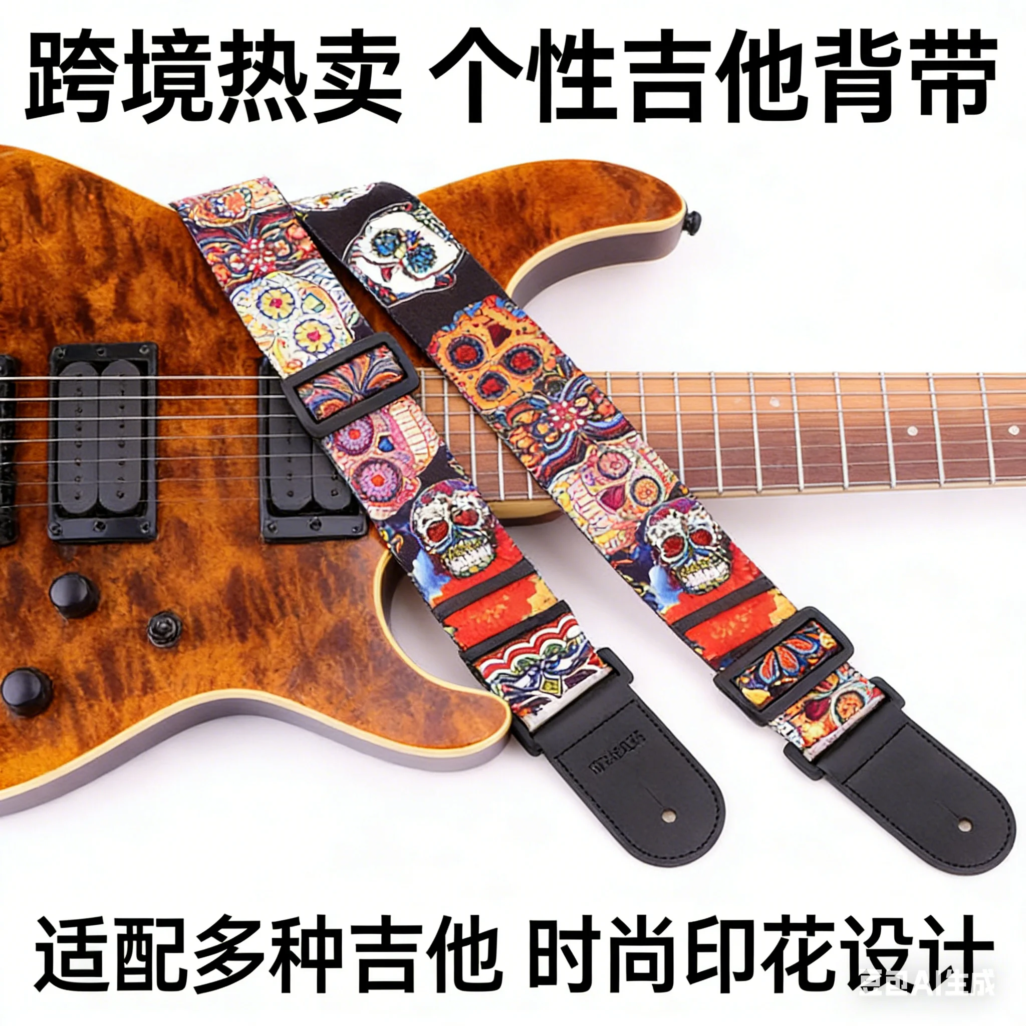 Personalized Fluorescent Printed Leather Guitar Strap Adjustable Length for Acoustic Electric Bass Ukulele Instrument Accessory
